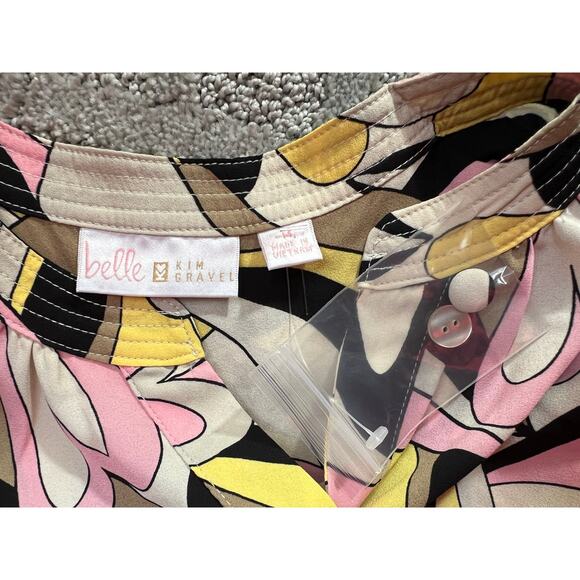 Belle Kim Gravel Top Blouse Medium Heart Print Retro Mod Button Shirt V-Neck New - Picture 4 of 10